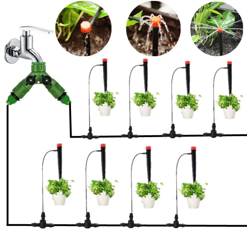 40m 2-Outlets Hose Splitter Watering Kits 8-Holes Adjustable Dripper On Stake Automatic Watering For Flowers Garden